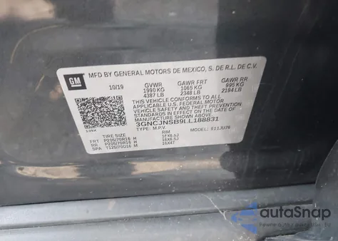 2020 Chevrolet Trax Awd Ls z USA, uszkodzony, nr VIN 3GNCJNSB9LL188831